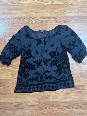 Hale Bob Black Floral Velvet Burnout Peasant Blouse